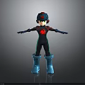 Sci Fi Humanoid Character With Cybernetic Helmet Blue Boots And Red Chest Emblem