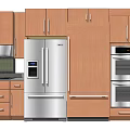 Modern Kitchen Interior With Wooden Cabinets Stainless Steel Refrigerator Oven And Microwave