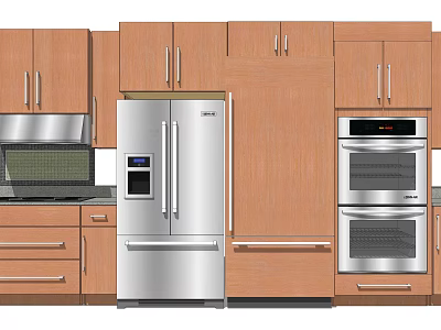 Modern Kitchen Interior With Wooden Cabinets Stainless Steel Refrigerator Oven And Microwave 3d model