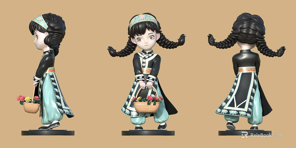 Traditional Costume Doll with Braided Pigtails Holding Flower Basket Black Light Blue Decorative Patterns 3d model 