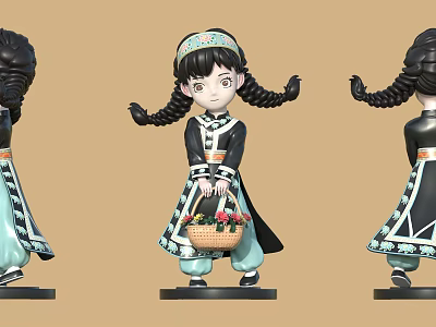 Traditional Costume Doll with Braided Pigtails Holding Flower Basket Black Light Blue Decorative Patterns 3d model