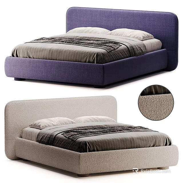 Modern Double Bed Designs With Purple And Beige Upholstered Headboard And Striped Bedding 3d model 