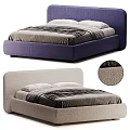 Modern Double Bed Designs With Purple And Beige Upholstered Headboard And Striped Bedding