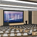 Modern Conference Room With Rows Of Seats Large Screen And City Building