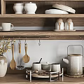 Elegant Ceramic Tea Set Display On Wooden Shelves With Wooden Spoons And Flower Vase