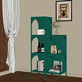 Green Arched Shelving Unit With Radio Vase Wine Bottles Books And Magazines In Beige Wall