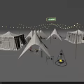 White Camping Tents Setup With String Lights Fire Pit And Tables Chairs