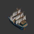Sailing Ship With Blue Hull White Sails And Marine Lettering