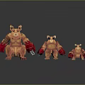 Pixel Style Bear Like Game Characters In Three Different Sizes With Orange Red Colors