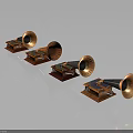 Vintage Copper Horn Speakers With Wooden Bases Arranged On Dark Reflective Surface