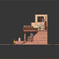 Playful Cartoon Scene Pink Multi Level Building With Detailed Room Interior Staircase And Balcony