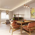 Cozy Dining Living Room Interior With Wooden Furniture Green Plants And Hanging Lamp
