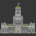 Cartoon Scene Featuring Classical Building with Green Domes White Structure Red Doors and Multiple Towers