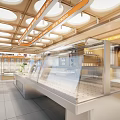 Modern Dessert Shop With Wooden Ceiling Orange Signboard White Seats Green Plants And Display Cabinets