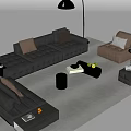 Modern Black Leather Sectional Sofa And Round Glass Coffee Table With Brown Pillows Floor Lamp