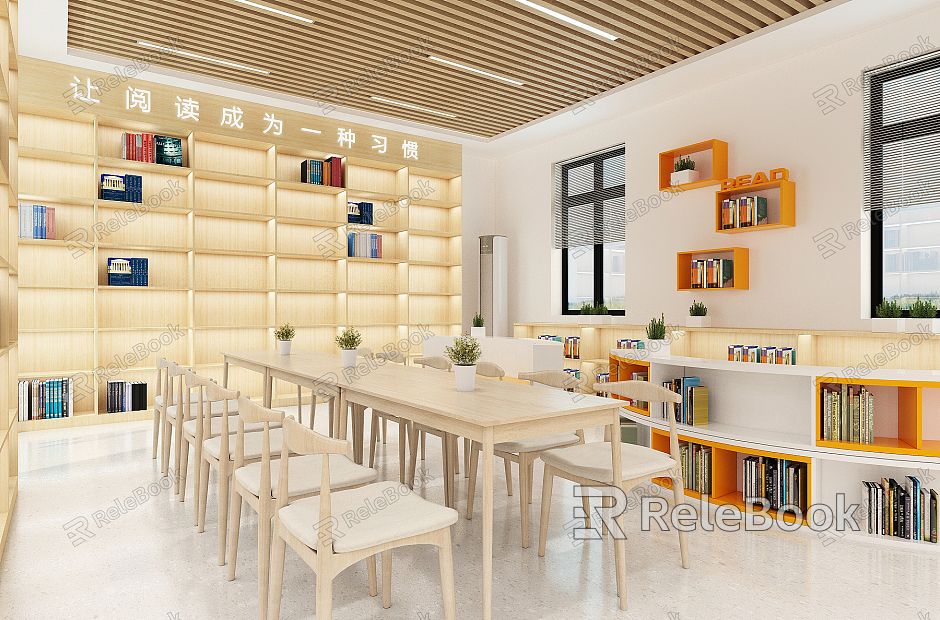 Modern Reading Room Community Primary School Reading Room Library Bookcase Bookshelf Low Cabinet Shaped Arc Card Seat Bookcase Air Conditioning Desk model