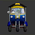 Vintage Blue And Yellow Tuk Tuk With Muddy Black Canopy Brown Seats And Metal Rails