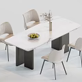 Modern Dining Table Set With White Marble Top Four Upholstered Chairs And Fruit Bowl Vase