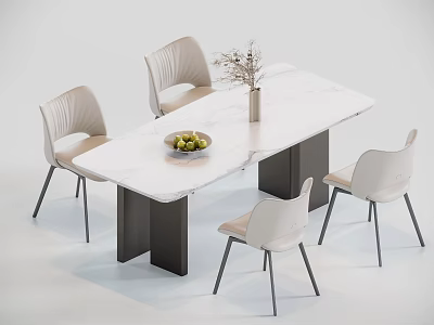 Modern Dining Table Set With White Marble Top Four Upholstered Chairs And Fruit Bowl Vase 3d model