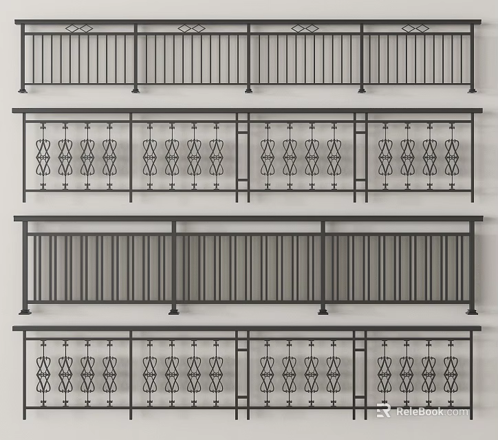 Various Metal Railing Designs with Decorative Patterns and Simple Vertical Bars 3d model