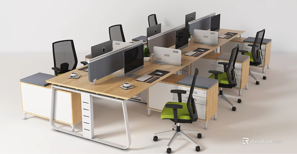 Modern Office Desk Workstation With Computer Chair Partition And Storage Drawers 3d model 