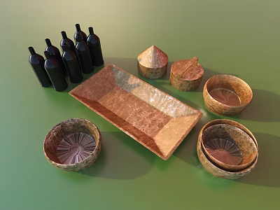 Garden Decorative Pieces With Black Bottles Woven Trays Bowls And Conical Containers 3d model