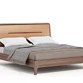 Modern Double Bed Featuring Wooden Frame Upholstered Beige Headboard White Pillows And Gray Bedding
