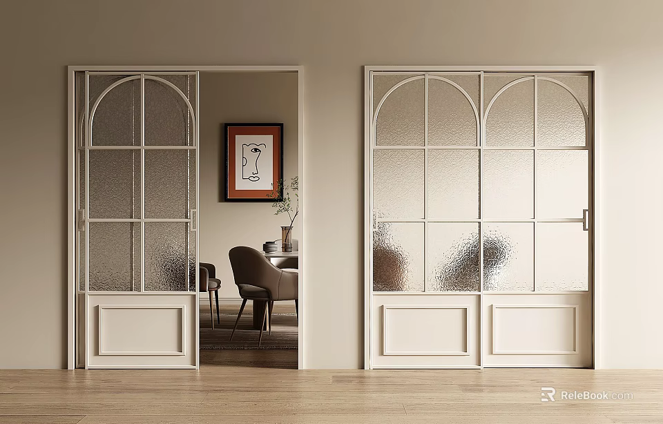 White Sliding Doors with Arched Top and Paneled Glass in Modern Interior Space 3d model 
