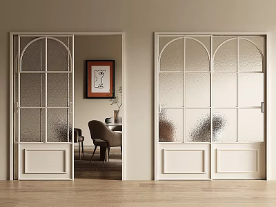White Sliding Doors with Arched Top and Paneled Glass in Modern Interior Space 3d model