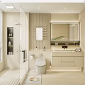 Modern Bathroom Interior With Shower Area Vanity Mirror Toilet And Light Colored Walls