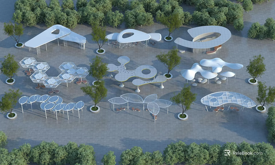 Modern Multiple Pergolas With Unique Curved Shapes Surrounded By Trees In Outdoor Landscape 3d model 