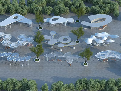Modern Multiple Pergolas With Unique Curved Shapes Surrounded By Trees In Outdoor Landscape 3d model
