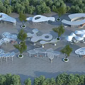 Modern Multiple Pergolas With Unique Curved Shapes Surrounded By Trees In Outdoor Landscape