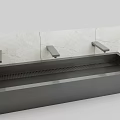 Sleek Modern Washbasin With Black Countertop Three Faucets And Light Marble Backsplash