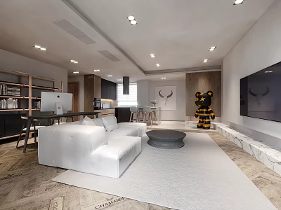 Modern Minimalist Living and Dining Room Interior With White Sofa Gray Rug And TV Unit 3d model