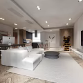 Modern Minimalist Living and Dining Room Interior With White Sofa Gray Rug And TV Unit