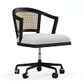 Modern Office Chair With Wooden Armrests Rattan Backrest And Fabric Seat Cushion On Wheels