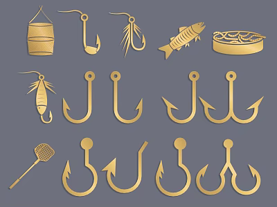 Assorted Fishing Tools With Hooks Bait Bucket Fish Landing Net And Canned Fish 3d model