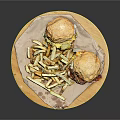 Juicy Beef Burgers with Fresh Vegetables and Crispy Fries on Wooden Tray