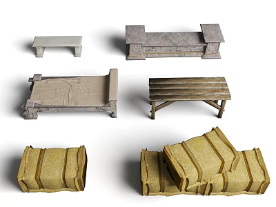 Different Styles Of Rustic Stone Benches And Wooden Chests For Decor 3d model