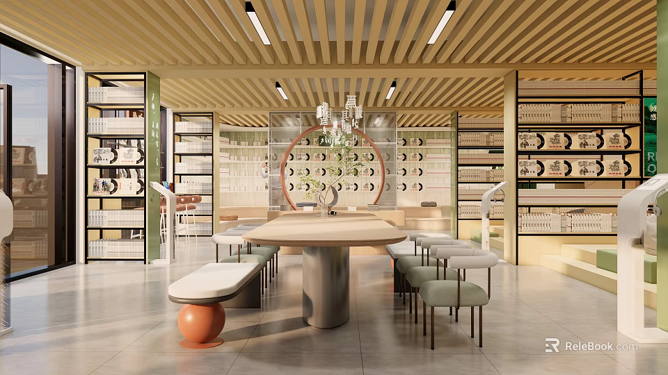 Book Art Display Space With Wooden Ceiling Shelves And Central Round Table 3d model 