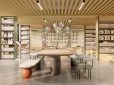 Book Art Display Space With Wooden Ceiling Shelves And Central Round Table 3d model