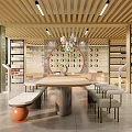 Book Art Display Space With Wooden Ceiling Shelves And Central Round Table