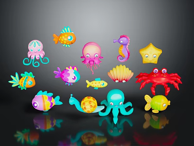 Colorful Cartoon Marine Creature Characters With Octopus Fish Seahorse Starfish And Crab 3d model