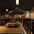 Rustic Restaurant Interior With Bamboo Railings Wooden Tables Thatched Umbrella Lanterns And Stone Walls