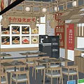 Traditional Chinese Restaurant Interior With Wooden Decorations Wall Menus Dining Tables And Hanging Lanterns