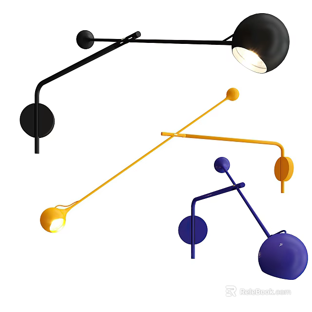 Modern Wall Lamps With Black Yellow Blue Curved Metal Arm And Round Base Design 3d model 