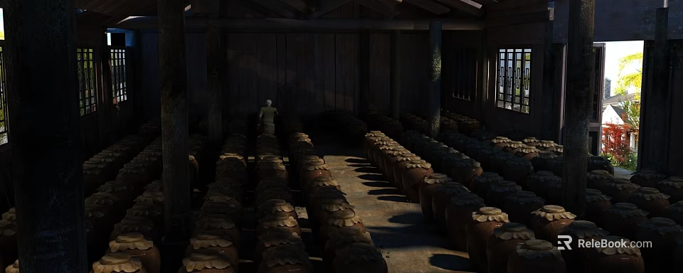 Ancient Architecture Interior With Neatly Arranged Clay Jars Wooden Pillars And Person 3d model 