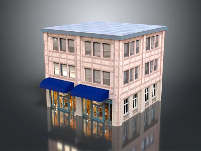 Two Story Commercial Brick Building With Blue Awnings Glass Storefronts And Flat Roof 3d model