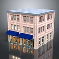 Two Story Commercial Brick Building With Blue Awnings Glass Storefronts And Flat Roof